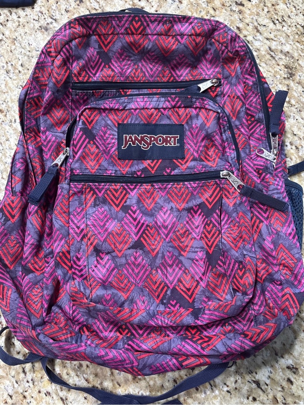 Jansport Purple Backpack with Pink & Red Chevron Print no tears